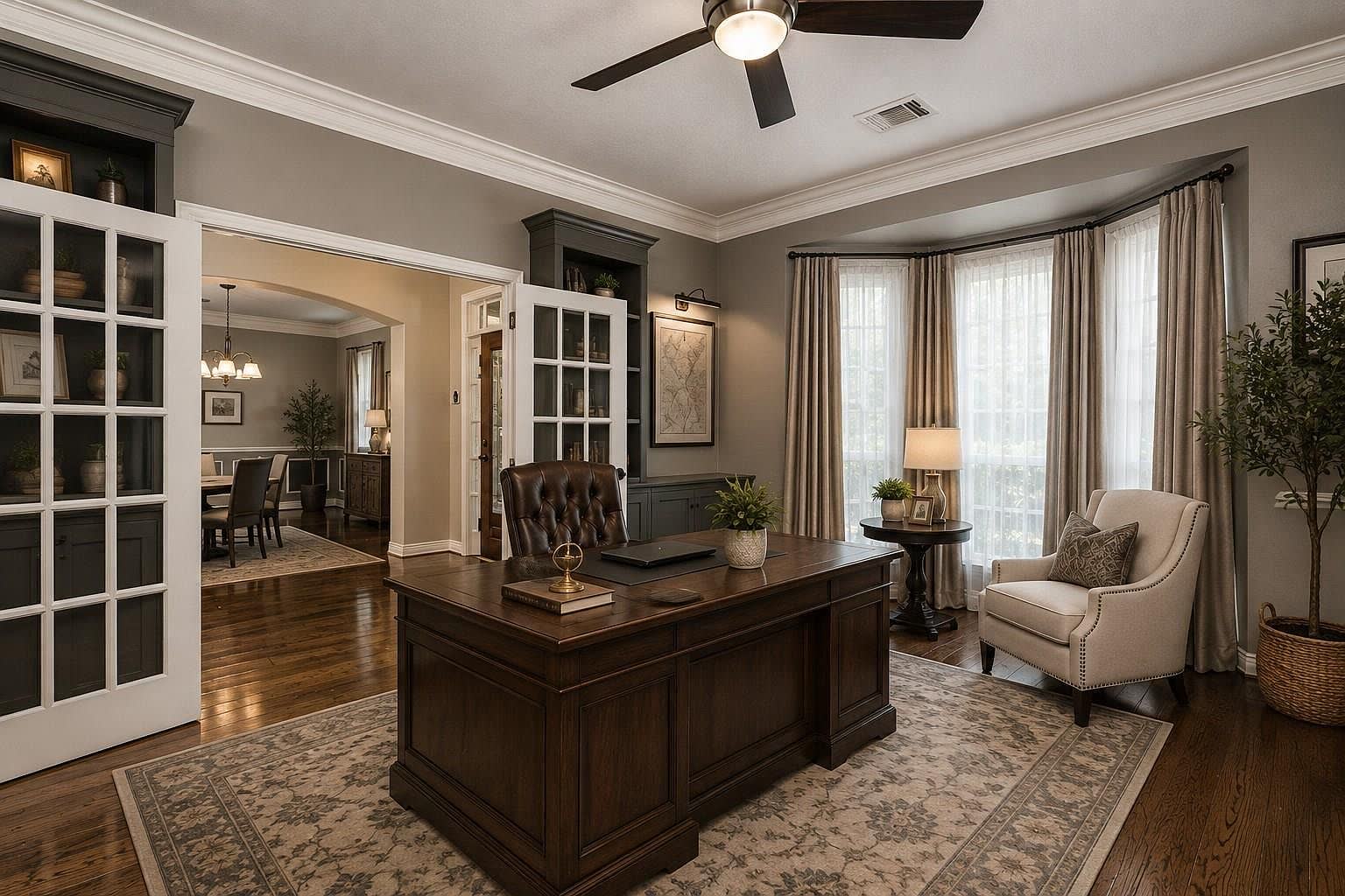 Family room with a stone fireplace and walls of windows to the pool and golf course